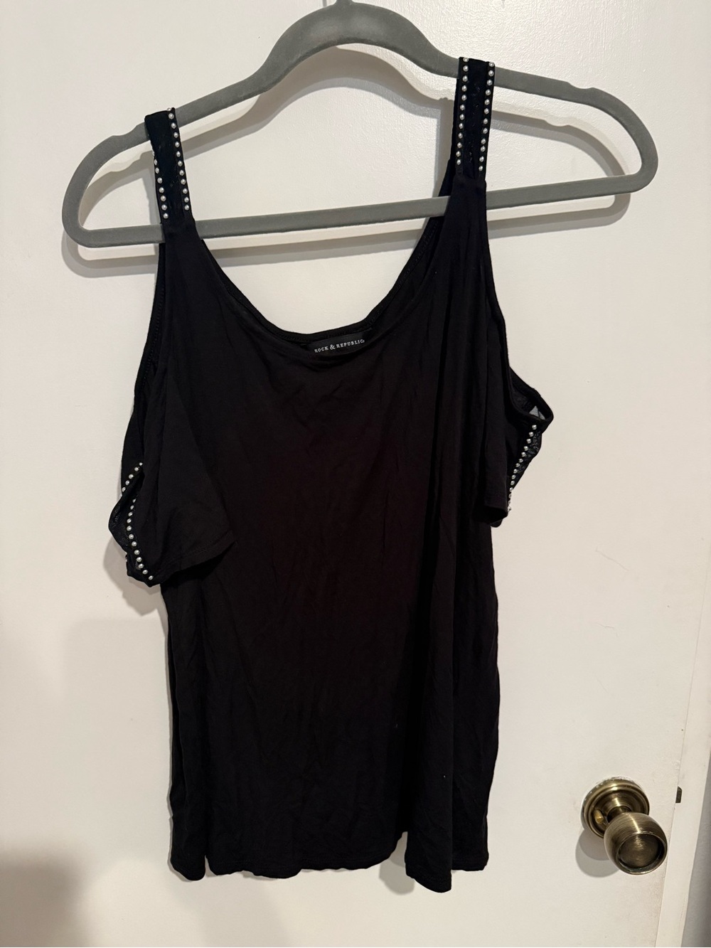 Rock & Republic Black Cold-Shoulder Top with Studded Straps